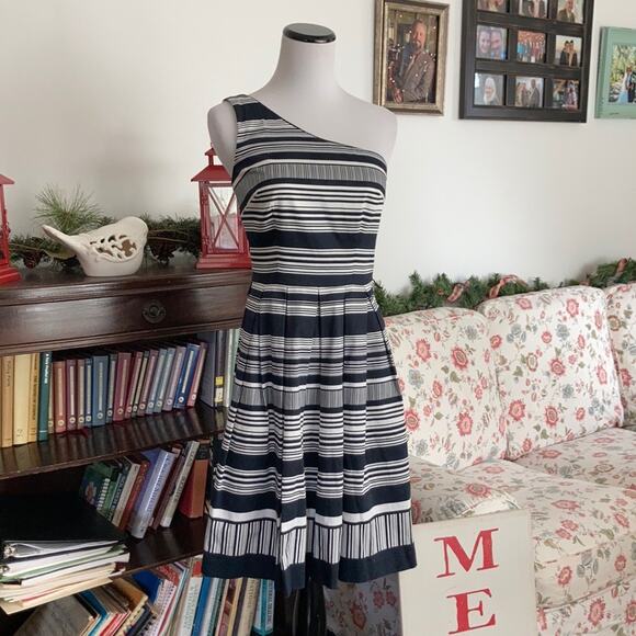 WH/BM Navy & White Striped One Shoulder Dress, Size 00 - Picture 1 of 8